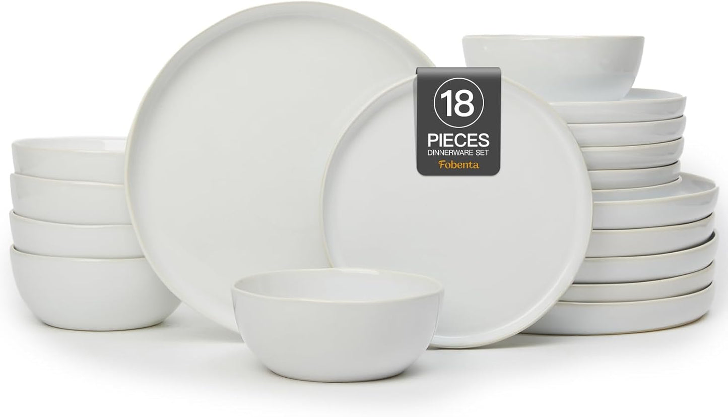 18-Piece Fog White Ceramic Plates and Bowls Set for Serene Dining