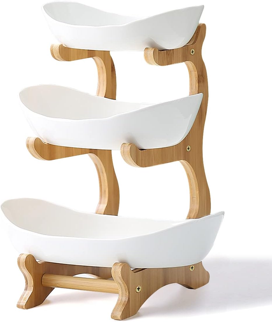 Liywall 3 Tier Ceramic Fruit Bowl with Bamboo Stand