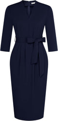 Womens Work Dress V Neck 3/4 Sleeve Tie Waist - Office to Cocktail