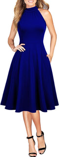 WOOSEA Womens Halter Neck Bodycon A-Line Dress with Pockets
