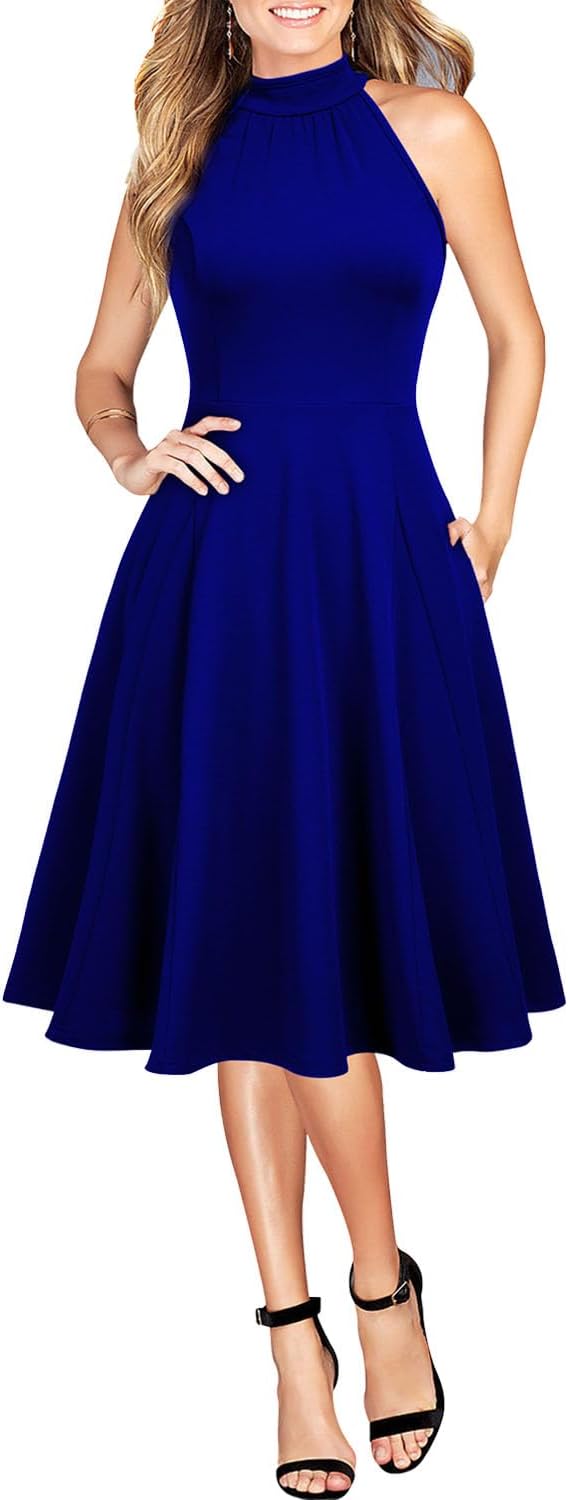 WOOSEA Womens Sleeveless Halter Neck Bodycon A-Line Dress