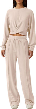 QINSEN Women 2 Piece Twist Front Cropped Sweatshirt