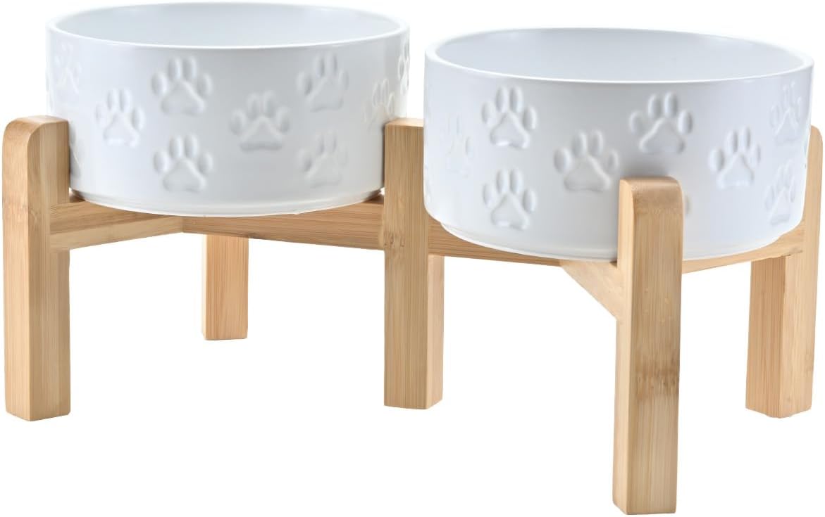 Elevated Dog Bowls Ceramic with Non-Slip Bamboo Stand for Pets