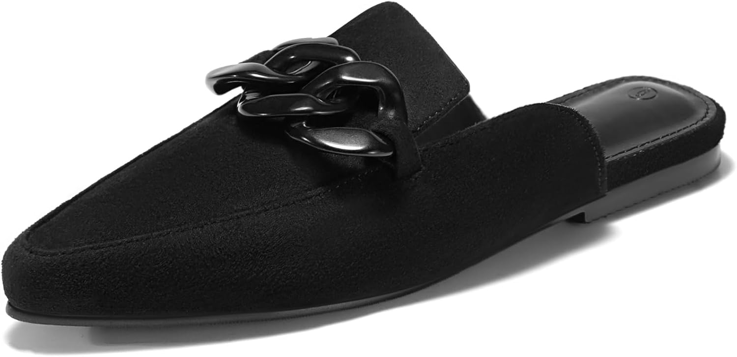 Juliet Holy Womens Mules Flats with Pointed Toe and Metal Chain