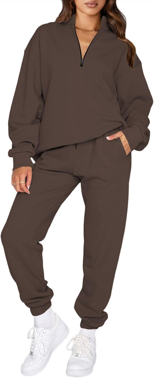 Stylish Oversized Half Zip Pullover Jogger Pants Set for Women