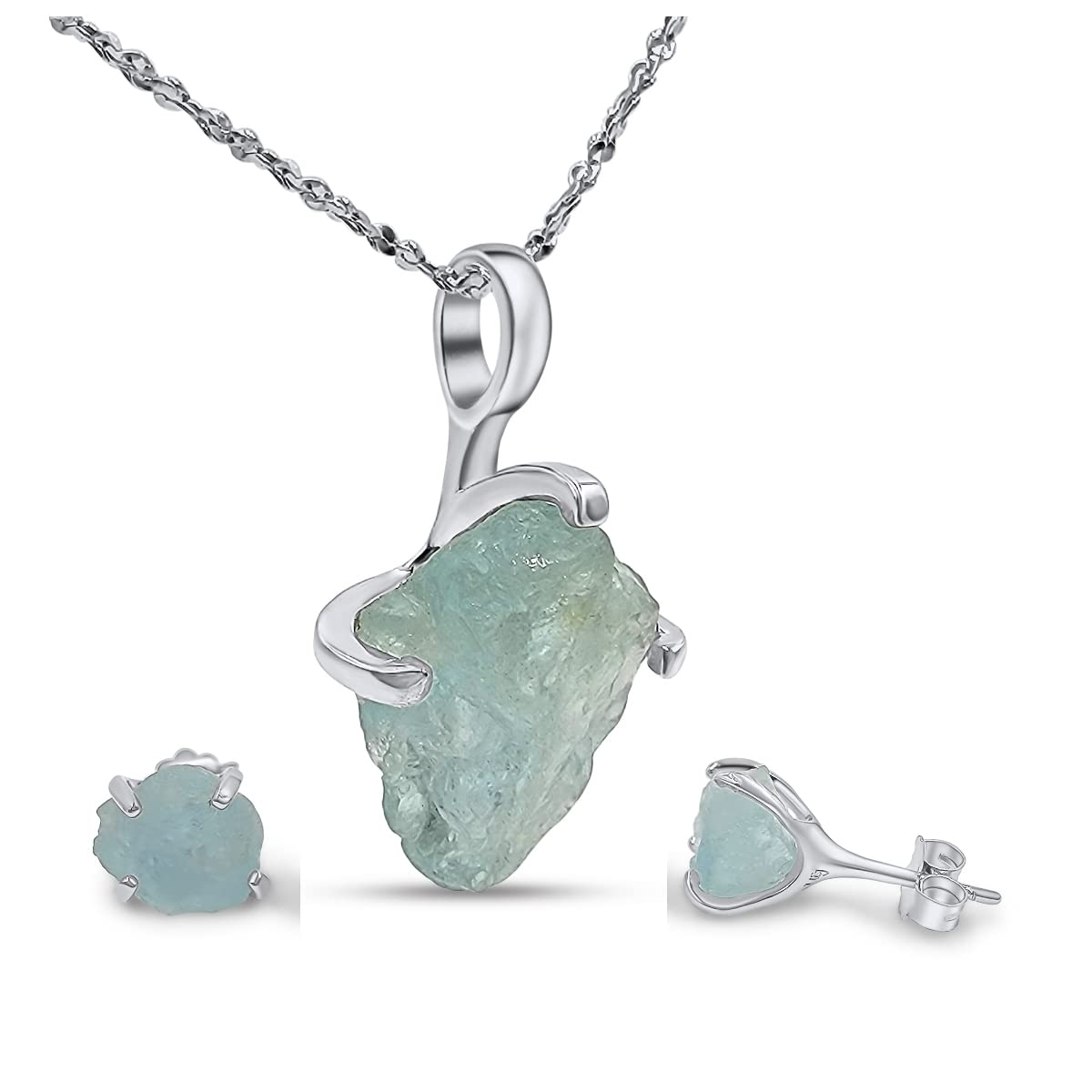 Real Raw Aquamarine Jewelry Set with 925 Sterling Silver Gift