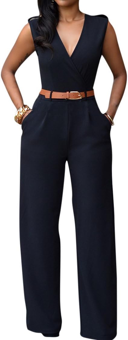 Chic V-Neck Wide Leg Jumpsuit for Women by Pink Queen