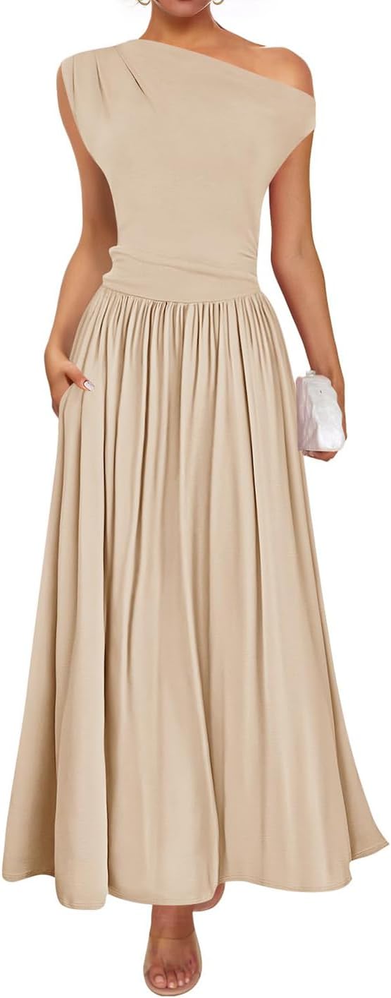 ZESICA Women's Summer Maxi Dress with One Shoulder Design