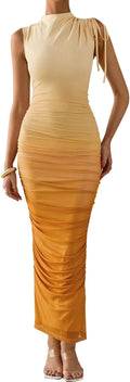 Women's Summer Maxi Floral Mesh Dress - Ruched Bodycon Split