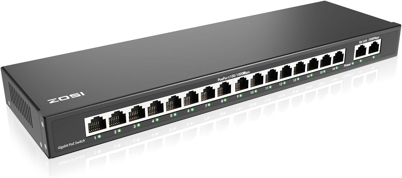 ZOSI 16 Port Gigabit PoE Switch for Reliable Network Solutions