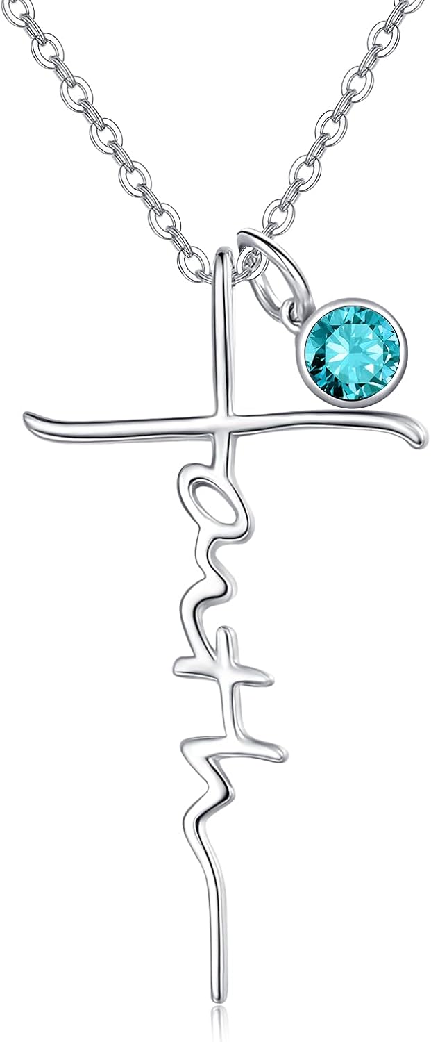 Faith Cross Necklace for Women with Birthstone Initial Charm