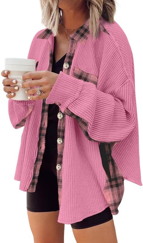 SHEWIN Womens Waffle Knit Plaid Shacket for Stylish Comfort