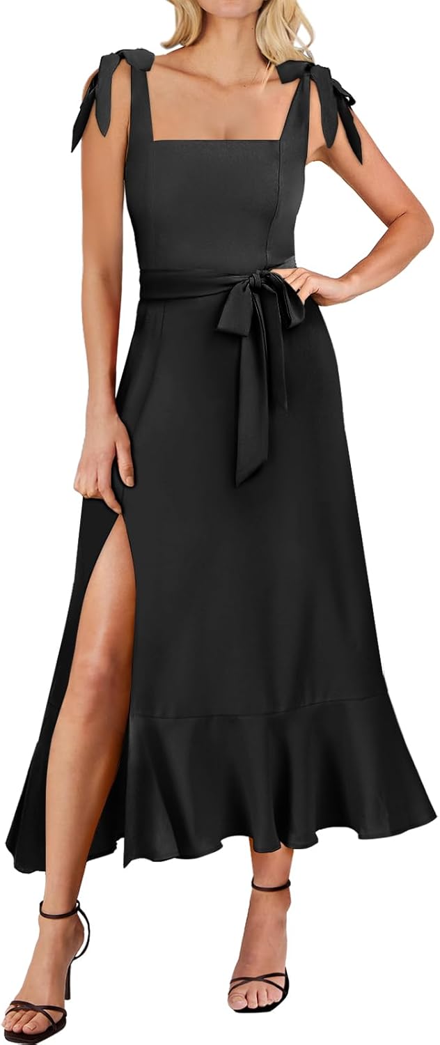 Elegant Women's Square Neck Ruffle Split Midi Dress for Events