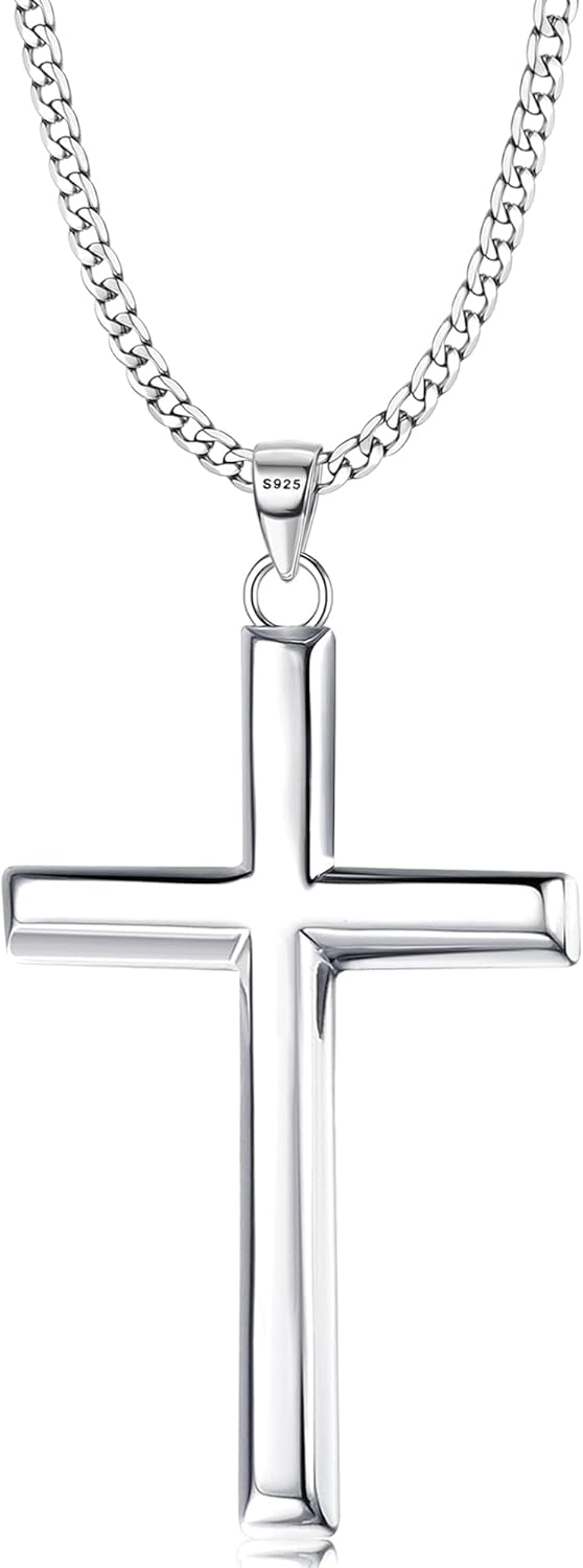 Solid 925 Sterling Silver Cross Necklace for Men and Women