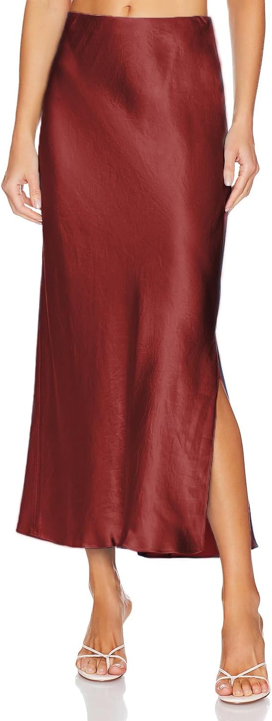 Womens Satin Silk Maxi Slit Skirt with Elastic Waistband