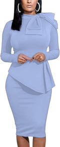 Women's Peplum Bodycon Midi Dress - Sleek Bow Ruffle Workwear