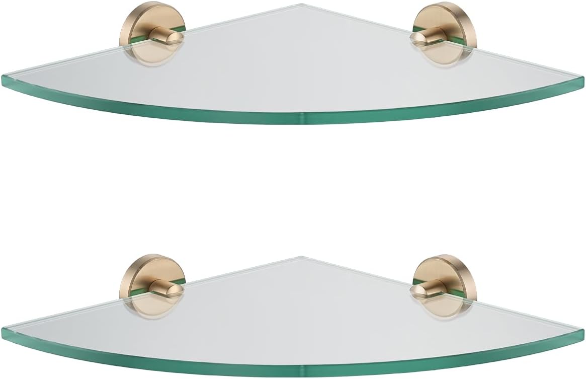 JQK Corner Glass Shelf: Stylish Champagne Bronze Bathroom Storage