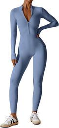 Women Long Sleeve Bodycon Jumpsuit Zip Up Unitard - Sleek Workout Fit