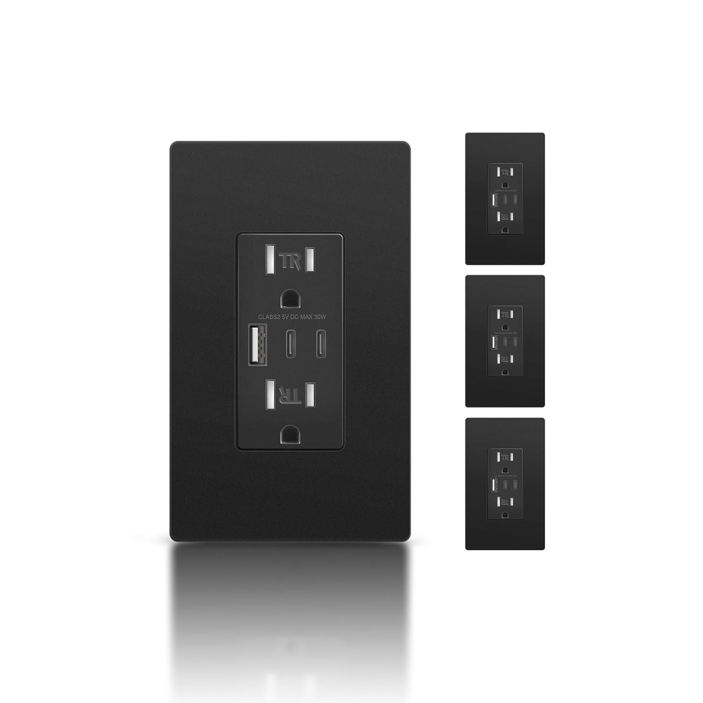 Black USB Wall Outlet with 30W Charging Power, 2Pack