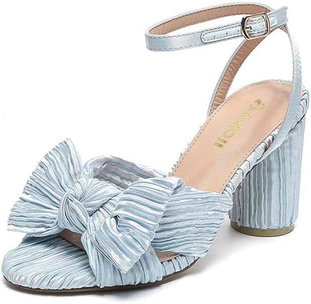 Amoji Women's Satin Block Heeled Sandal with Bowknot Design