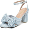 Satin Block Heeled Women's Sandal 3in-4in - Pleated Bowknot Ankle
