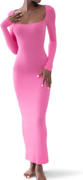 PUMIEY Women's Square Neck Long Sleeve Maxi Dress - Soft Ribbed tides
