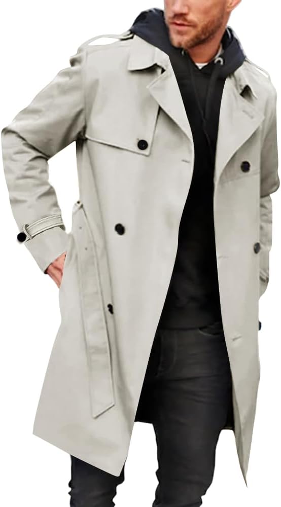 Gafeng Men's Trench Coat Slim Fit Double Breasted Windbreaker