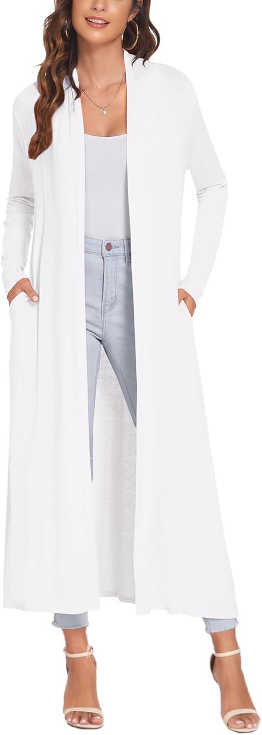 Bluetime Women Floor Length Open Front Cardigan with Pockets