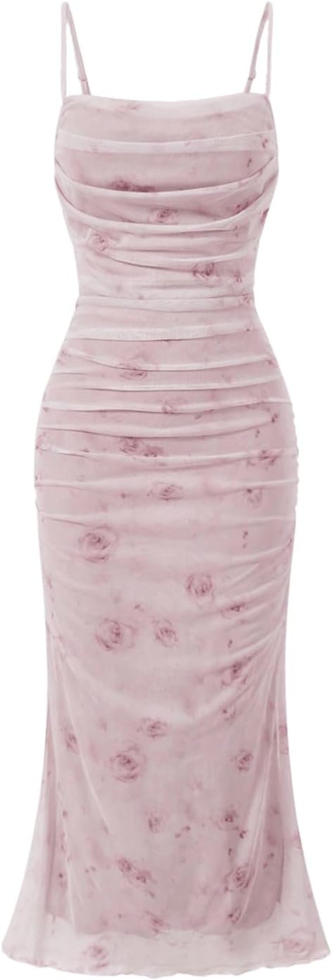 GORGLITTER Women's Floral Ruched Bodycon Midi Dress for All Occasions