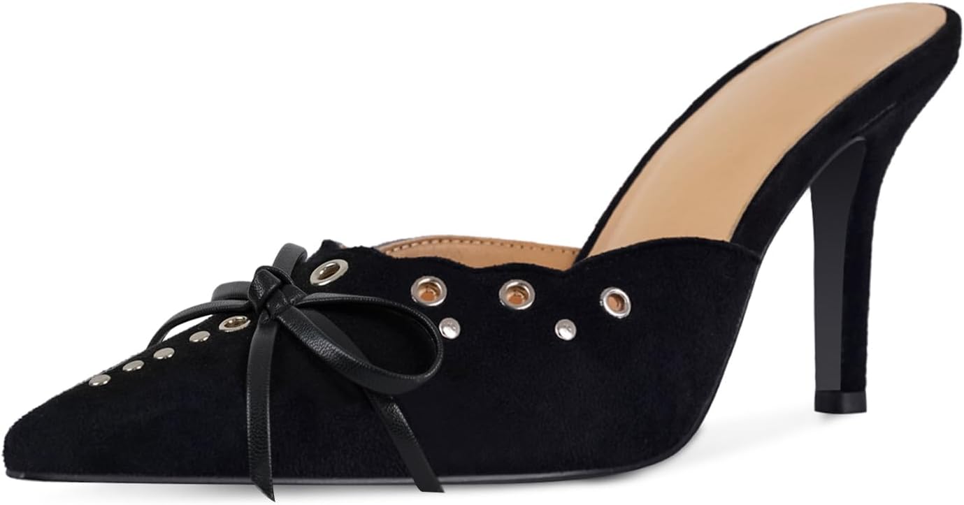 DOEYG Women Pointed Toe Bow Heels Mules for Dressy Occasions
