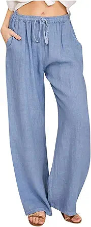 Linen Pants Women Summer Drawstring Wide Leg Palazzo Pants
