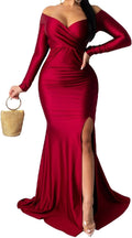 A ADILACA Off Shoulder High Split Maxi Dress - Flattering Formal Fit