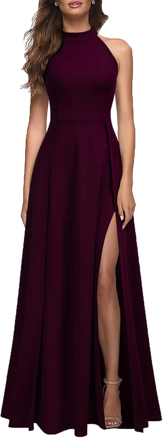MUSHARE Women's Halter Neck Sexy Split Cocktail Maxi Dress