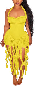 Aro Lora Sexy Halter Neck Ruffle Tassel Mini Dress for Parties