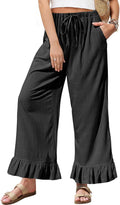 Womens Linen Casual Wide Leg Drawstring Ruffle Pants - Lightweight Fit