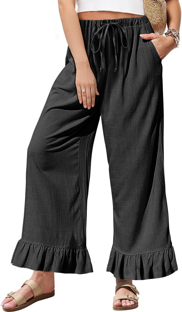 Linen Casual Pants for Women with Ruffle Hem and Pockets