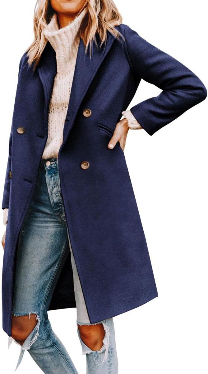 Yousify Womens Notched Lapel Collar Double Breasted Pea Coat