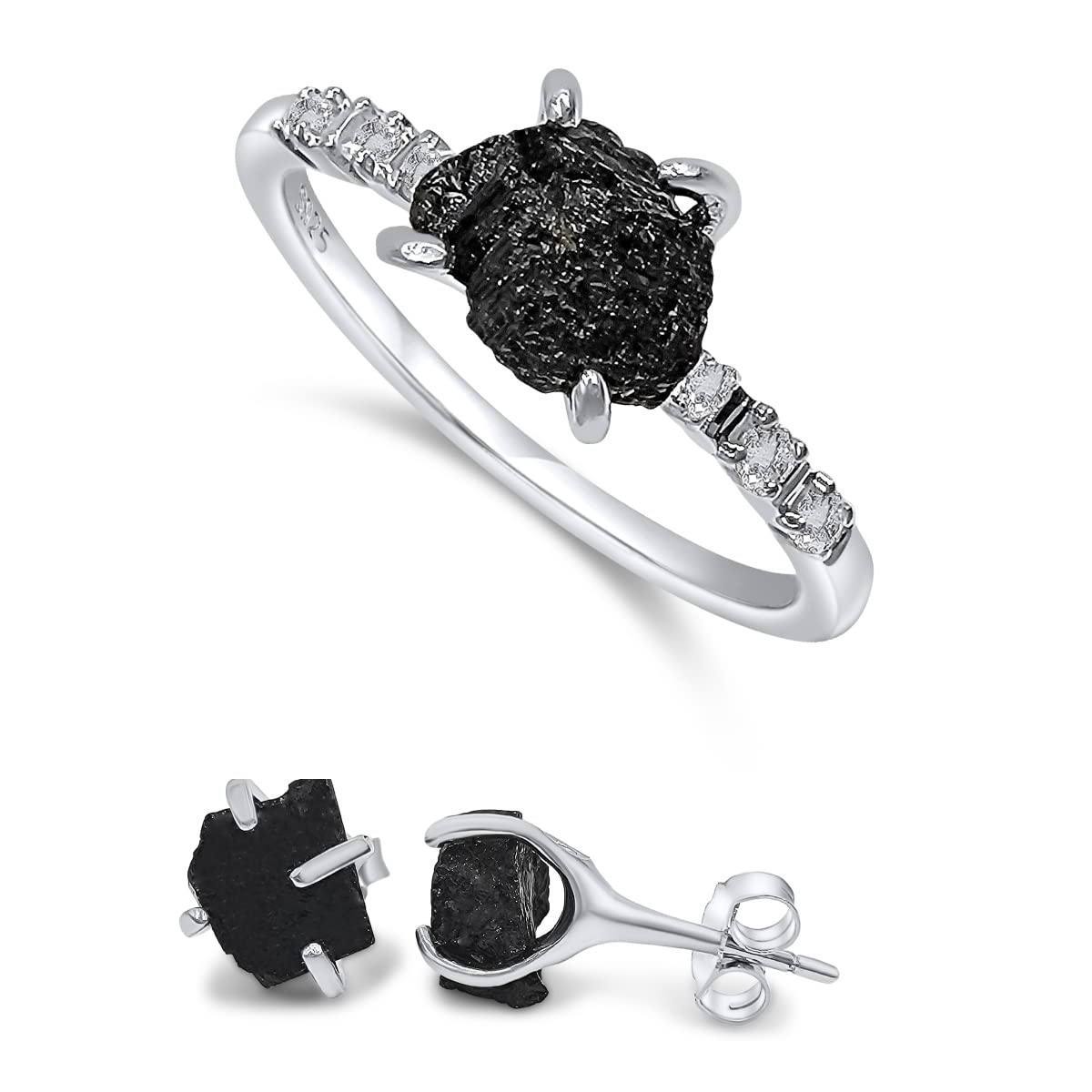 Raw Black Tourmaline Stud Earrings and Dainty Ring Jewelry Set