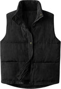 Womens Corduroy Puffer Vest Stand Collar Zip Snap Button - Warm Style