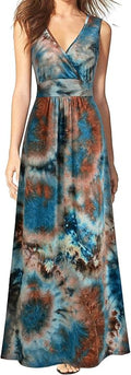 Women Sleeveless Deep V Neck Loose Long Maxi Casual Dress - Relaxed