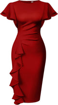 Memoriesea Vintage Church Ruffle Sleeve Ruched Bodycon Midi Dress Work