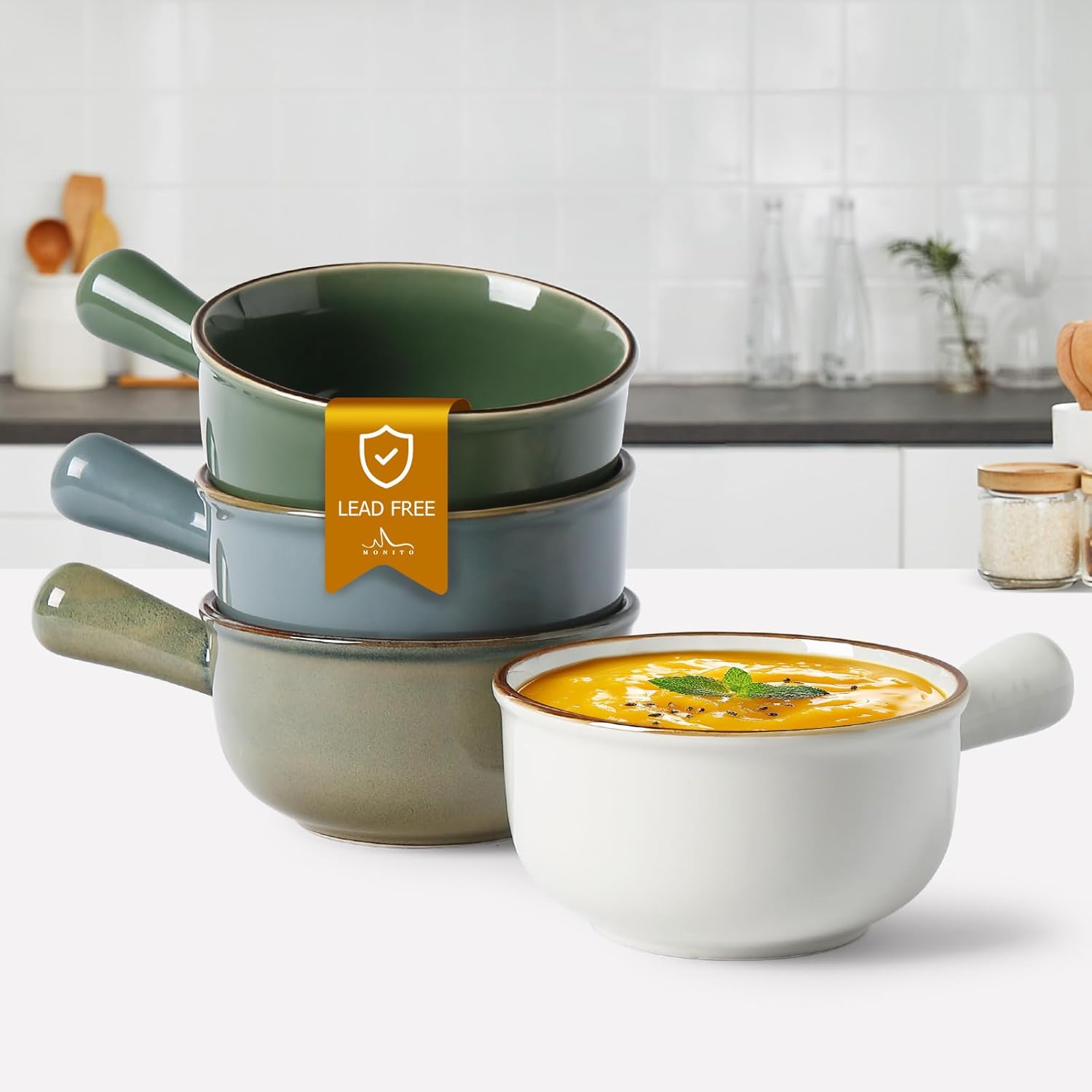 MONITO 28 Oz French Onion Soup Crocks - Stackable Ceramic Bowls