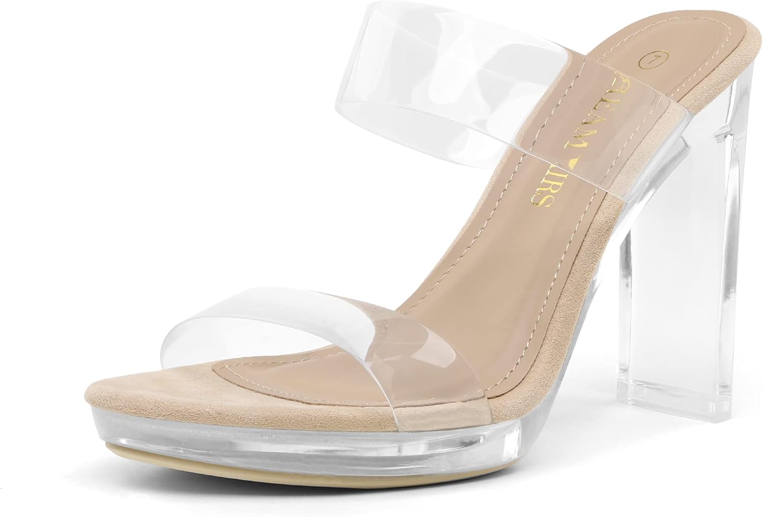 DREAM PAIRS Women's Clear Two Strap Open Toe Chunky Heels