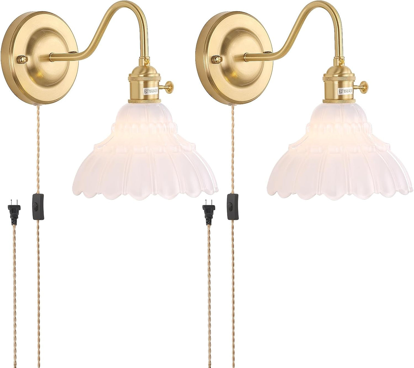 Vintage Plug in Wall Sconce Set of 2 with White Lily Shade