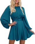 Women's Satin Long Sleeve Wrap Tie Waist Mini Dress - Flowy Satin