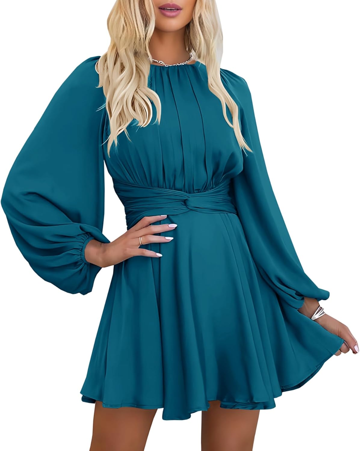 Elegant Satin Long Sleeve Wrap Tie Waist Mini Dress for Women