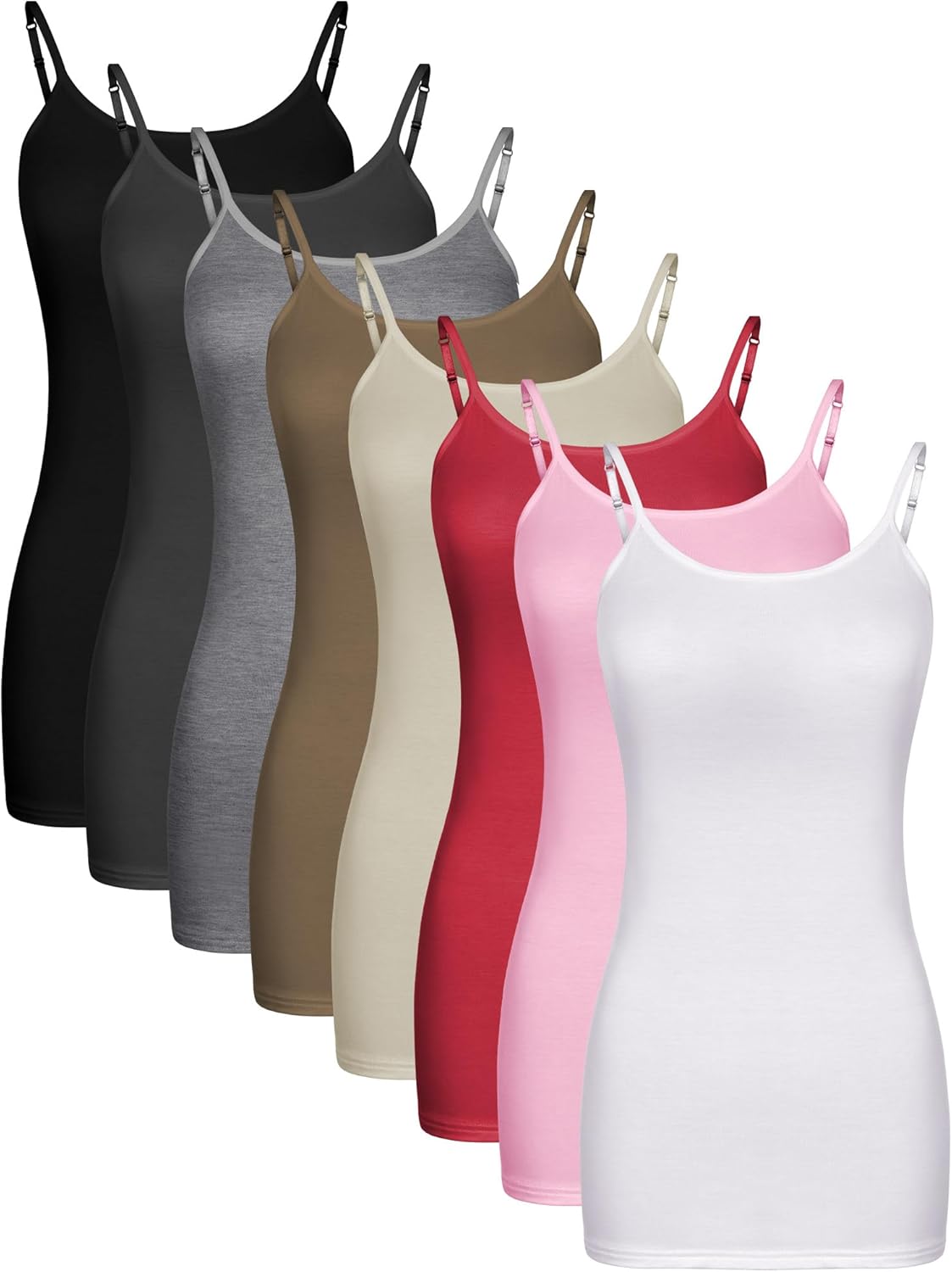 Geyoga 8 Pack Long Tank Tops for Women - Adjustable Spaghetti Straps