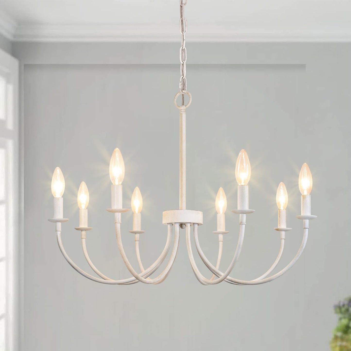 French Country Chandelier - 8-Light Antique White Pendant Light