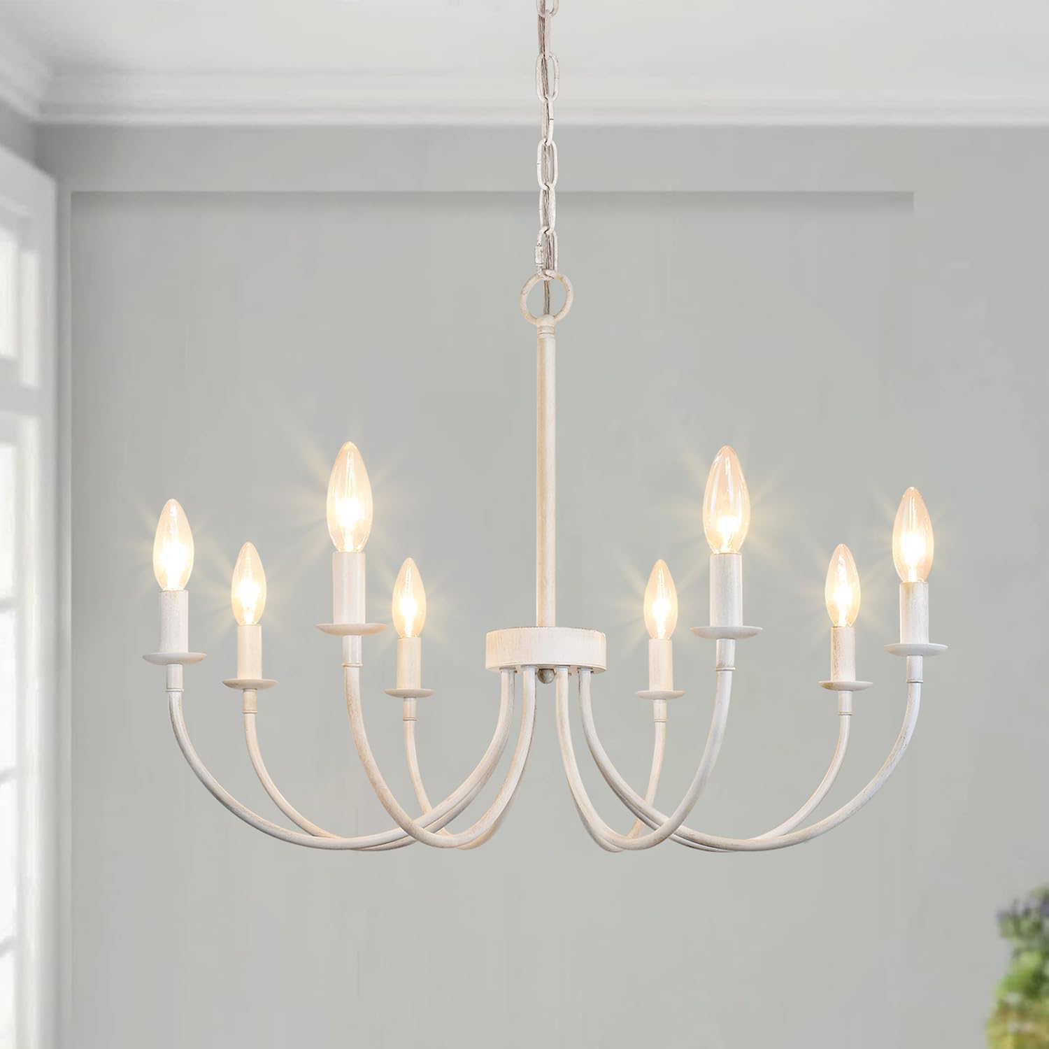 French Country Chandelier - 8-Light Antique White Pendant Light
