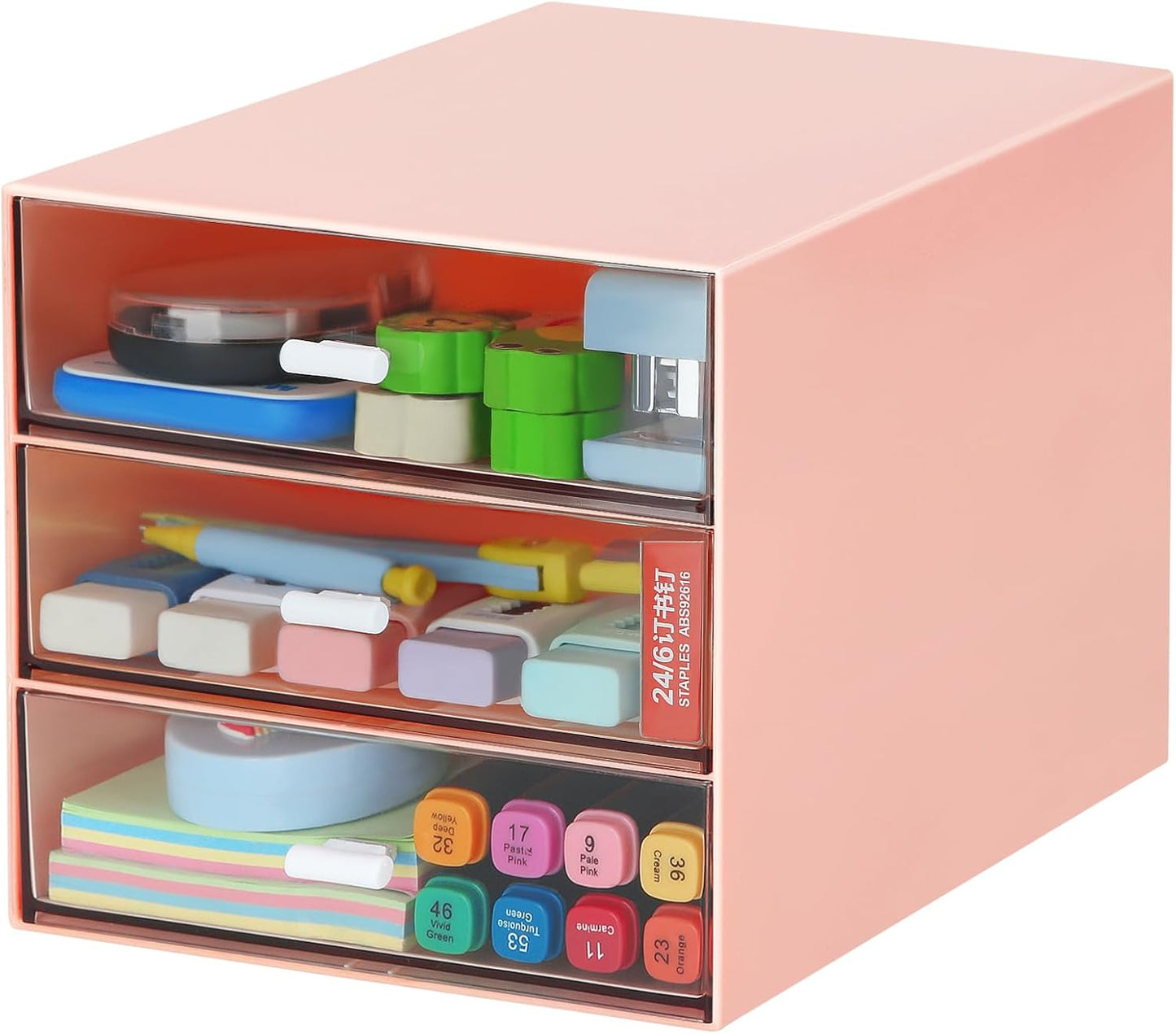 LETURE Pink Desk Organizer: 4 Drawers, Clear Plastic Storage